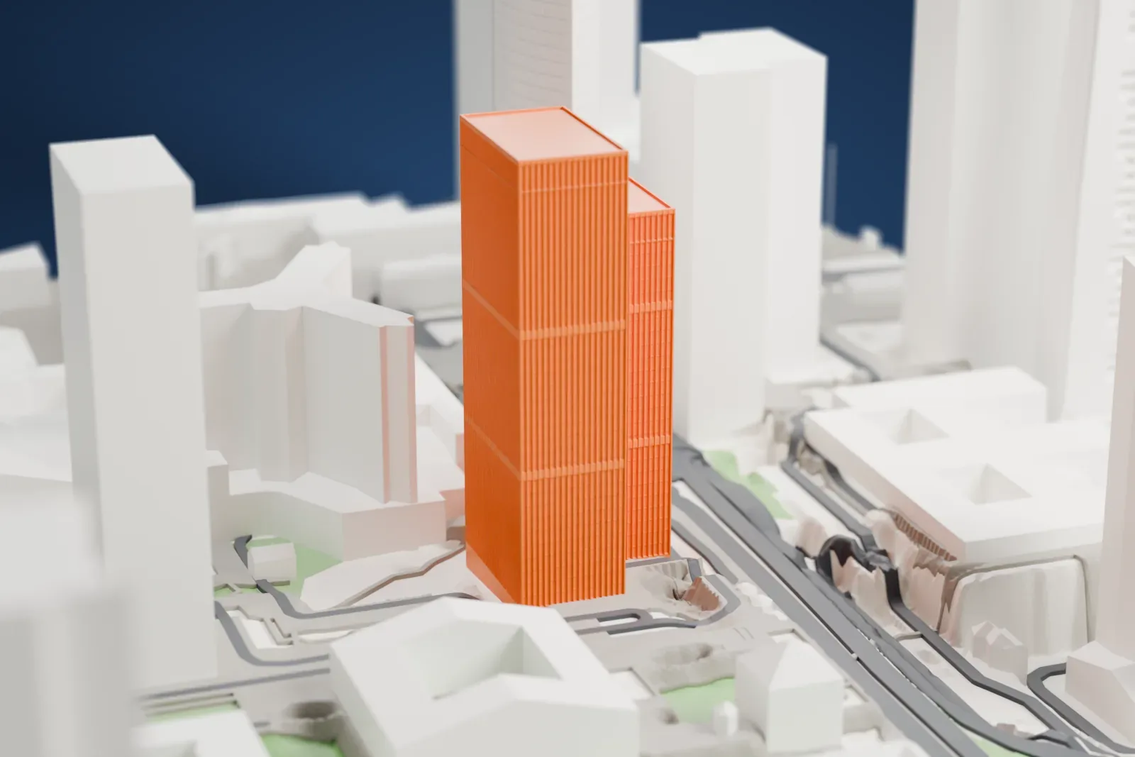 A white 3D print of the Tour Franklin among surrounding streets and buildings.