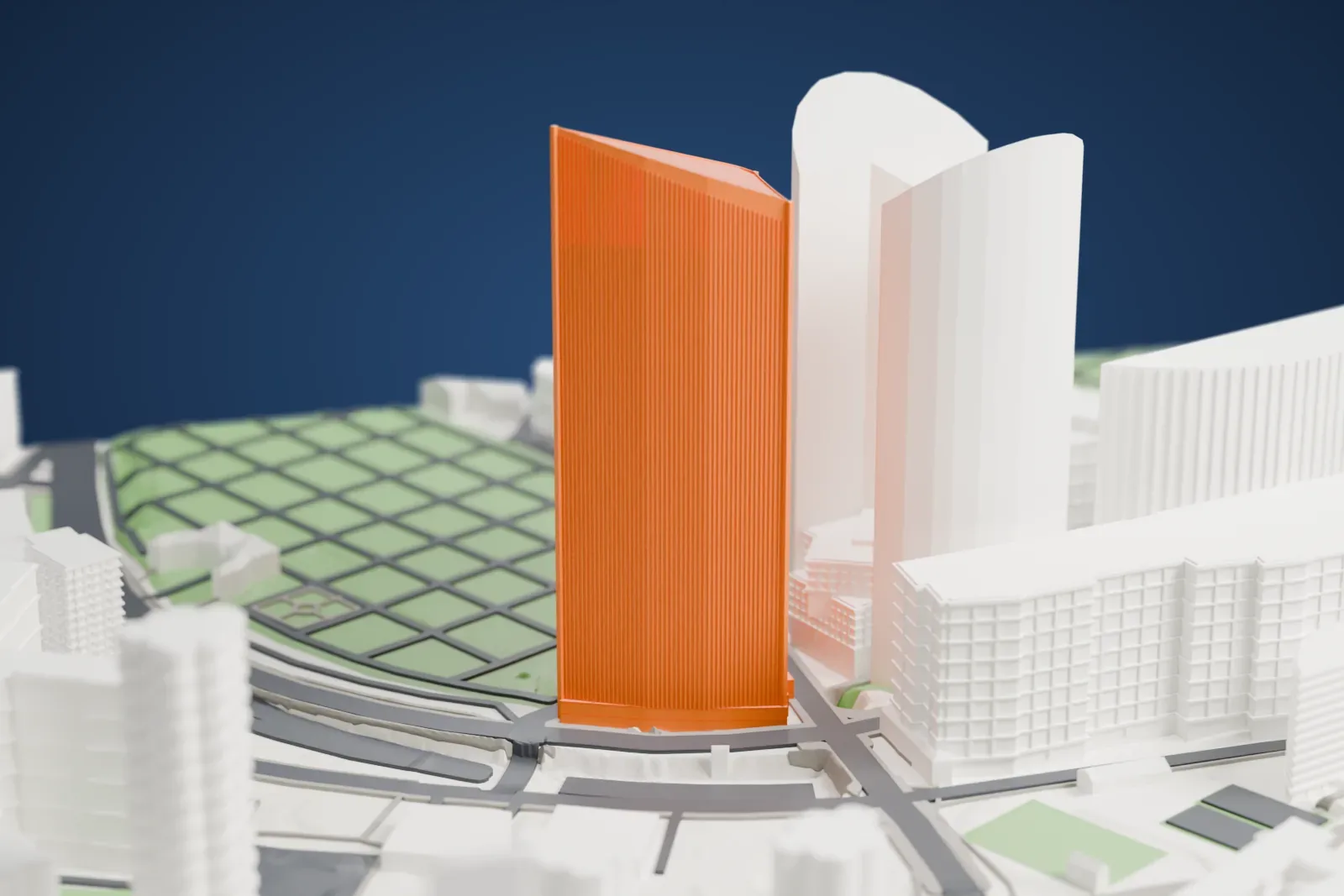 A white 3D print of Tour Granite among the surrounding streets and buildings.