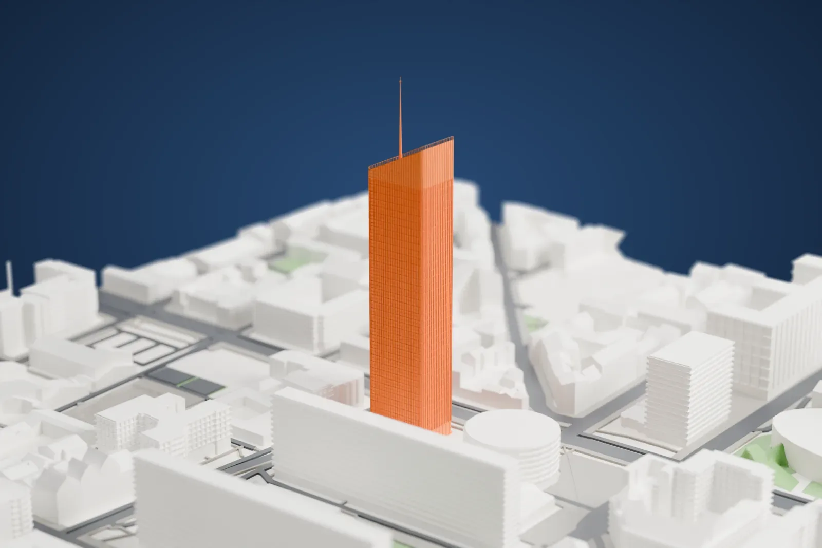 A white 3D print of Tour Incity, a tall slender tower with a sloped crown and a thin mast, among the surrounding streets and buildings.