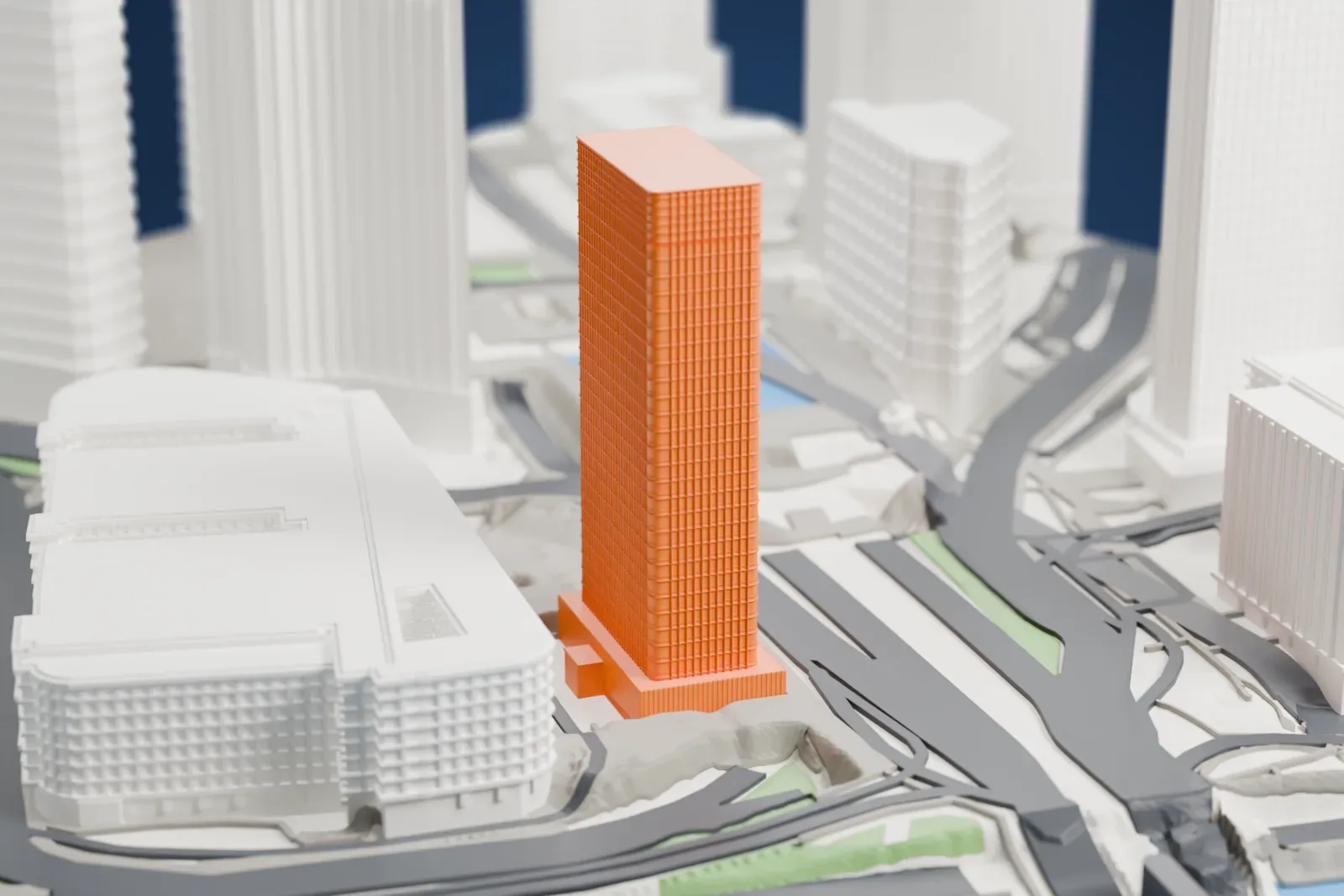 A white 3D print of Tour Initiale, an office tower, among the surrounding streets and buildings of La Défense.