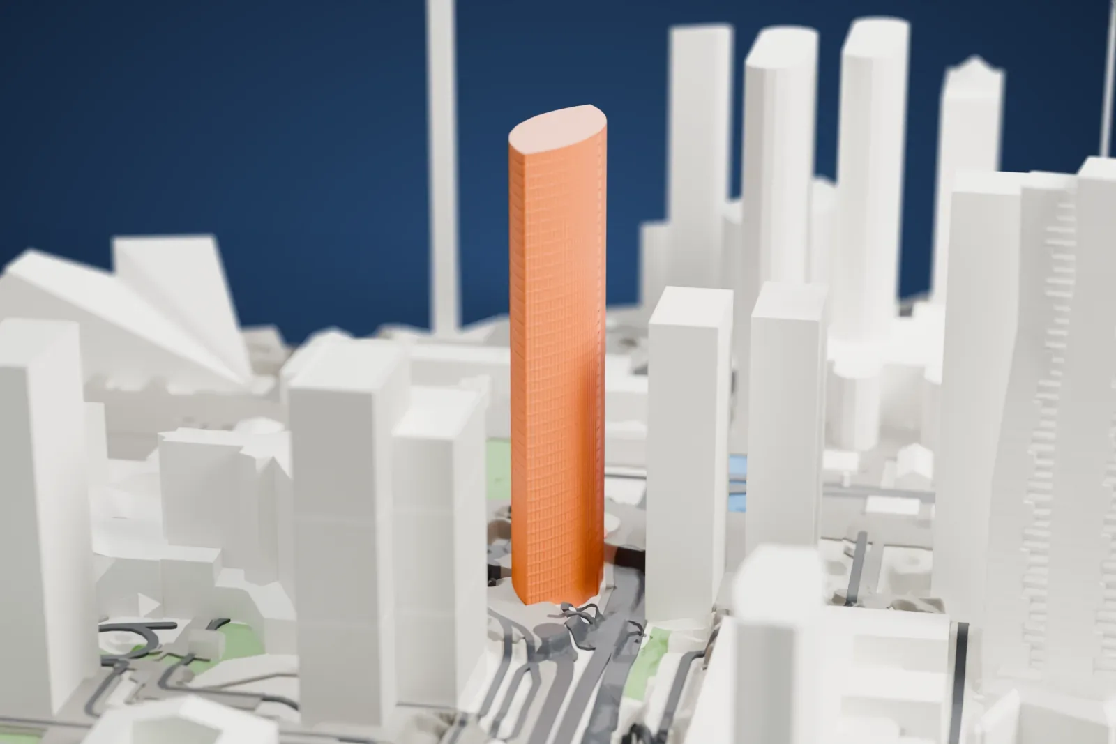 A white 3D print of the Tour Légende, a tall tower, among the surrounding streets and buildings.