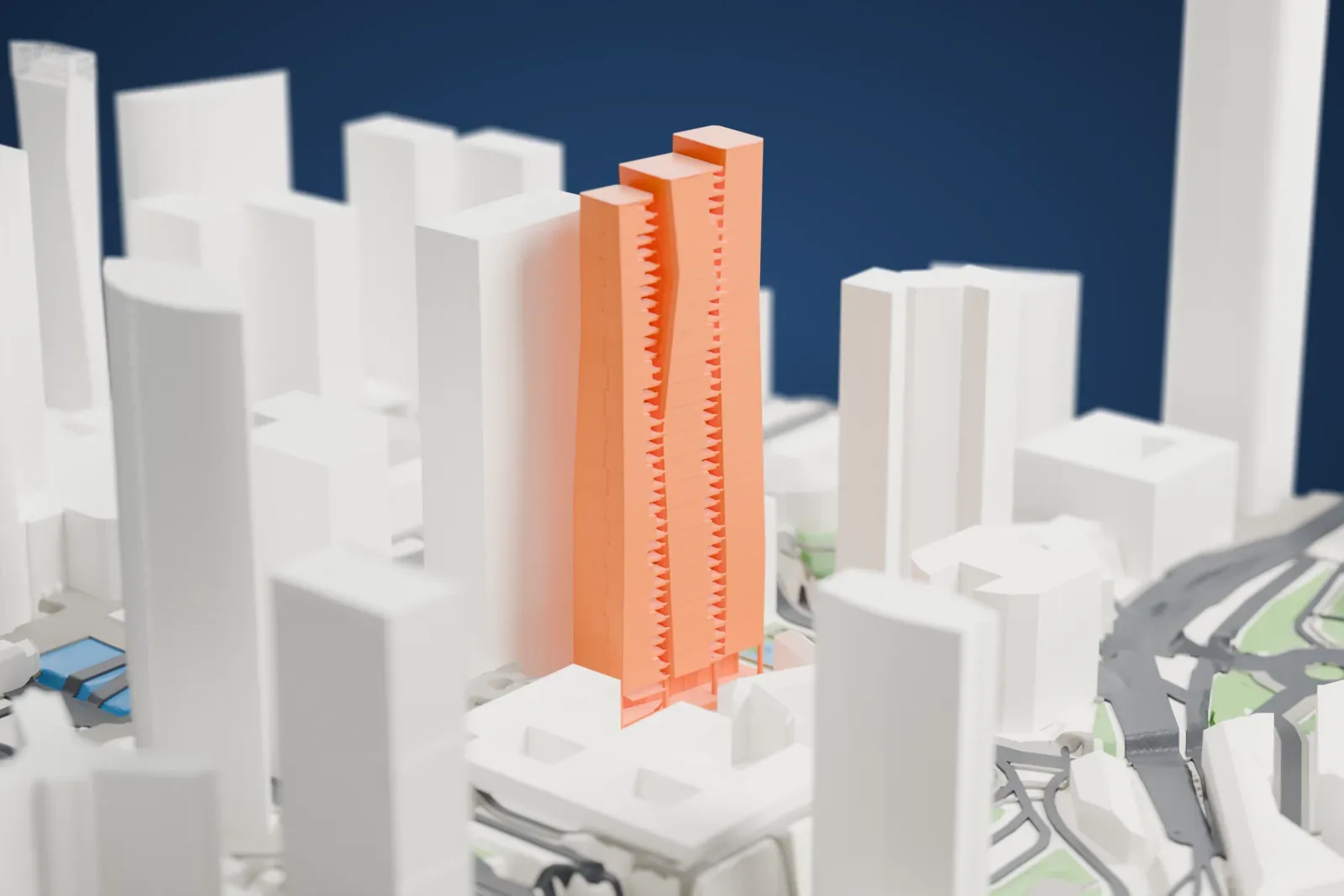 A white 3D print of the Tour Majunga, a tall office tower, among the surrounding buildings of La Défense.