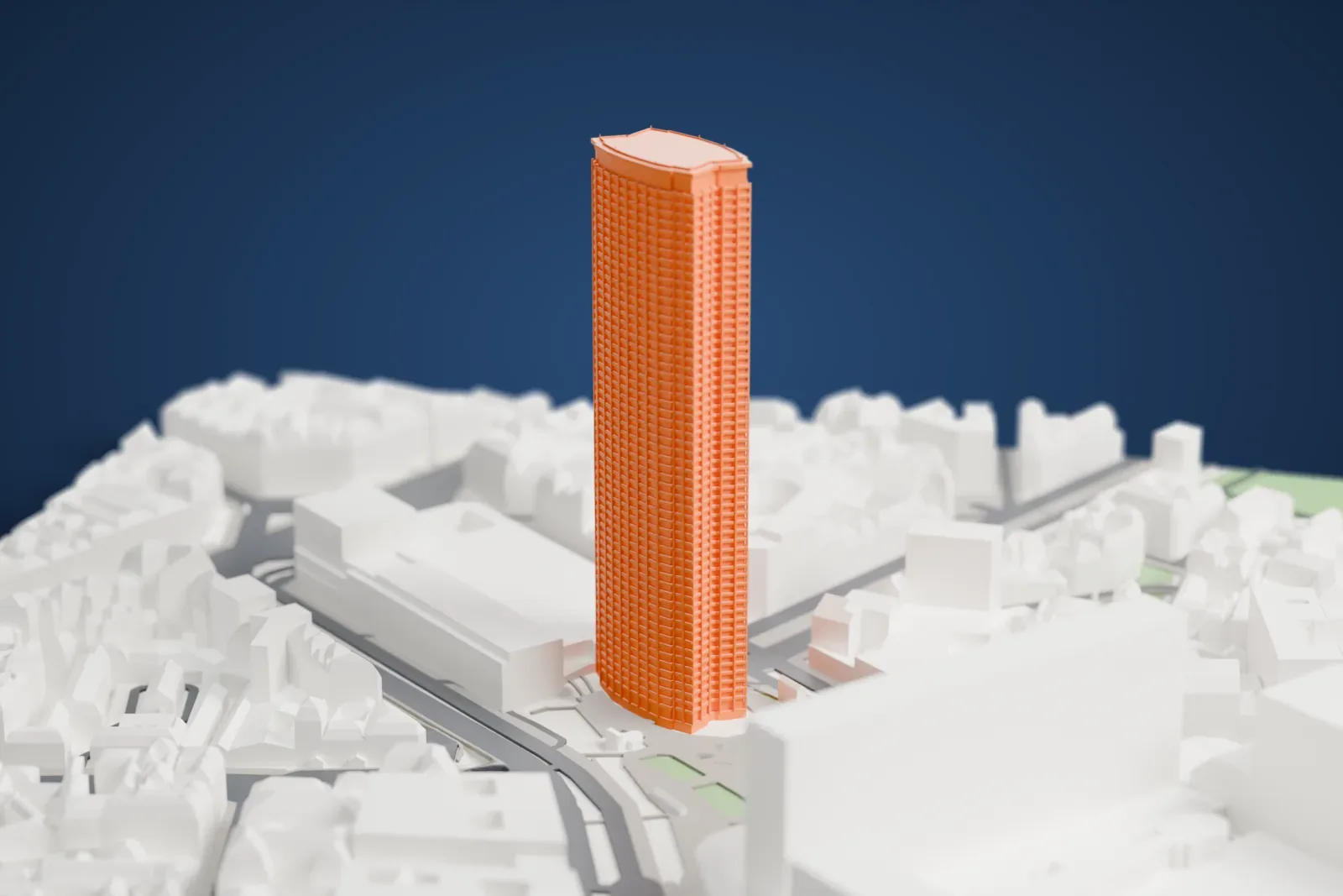 A white 3D print of the Tour Montparnasse rising above the surrounding streets and buildings of Paris.