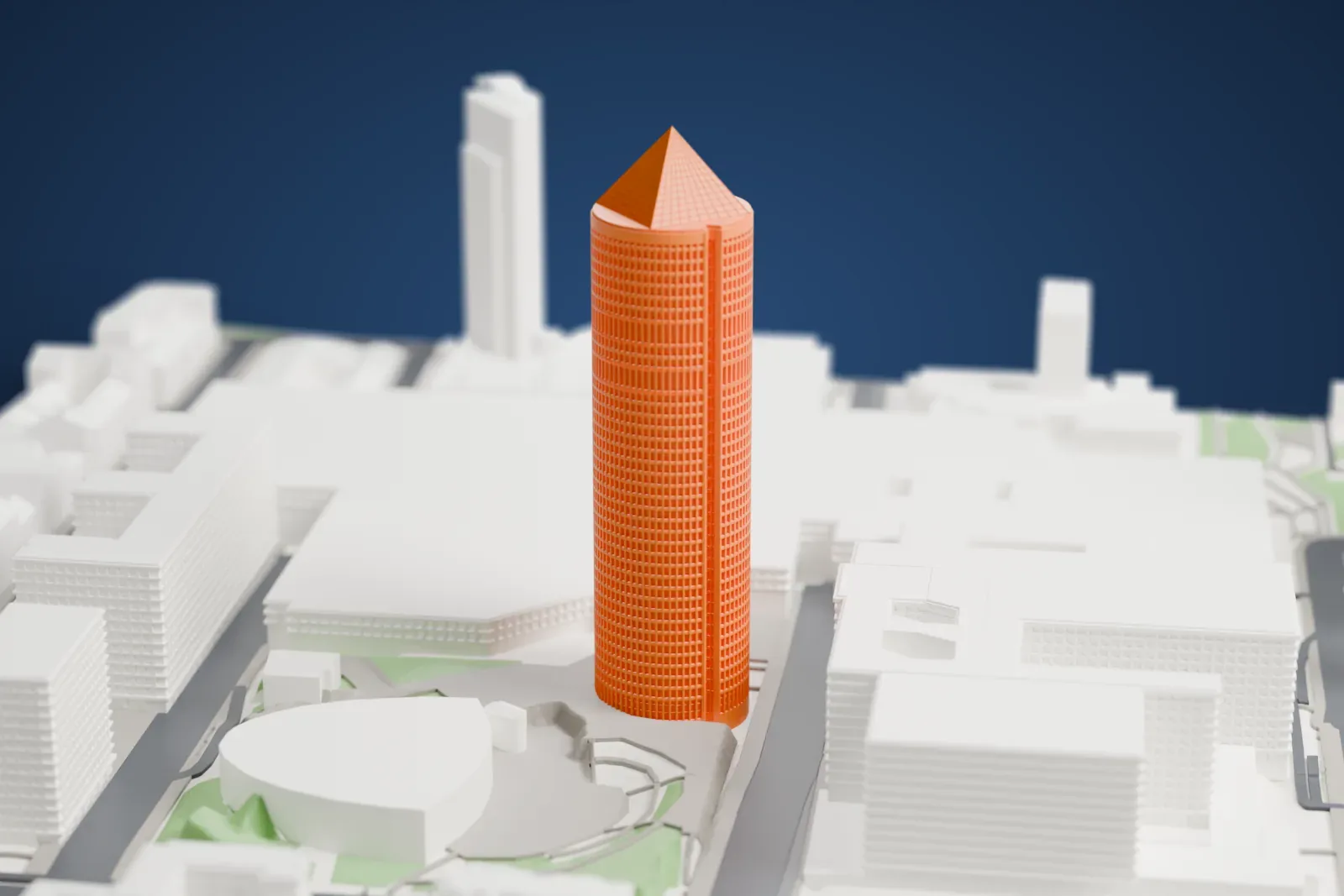 A white 3D print of the Tour Part-Dieu with the surrounding streets and buildings.