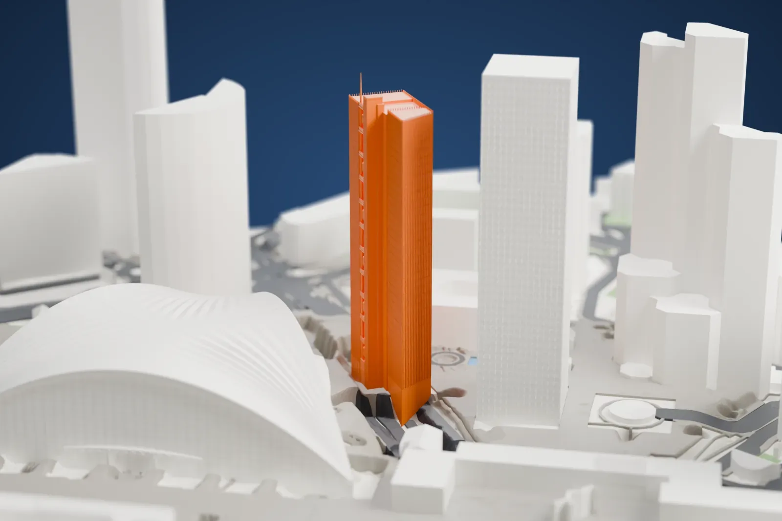 A white 3D print of Tour Trinity, a tall office tower, rising above the surrounding streets and buildings of La Défense in Paris.