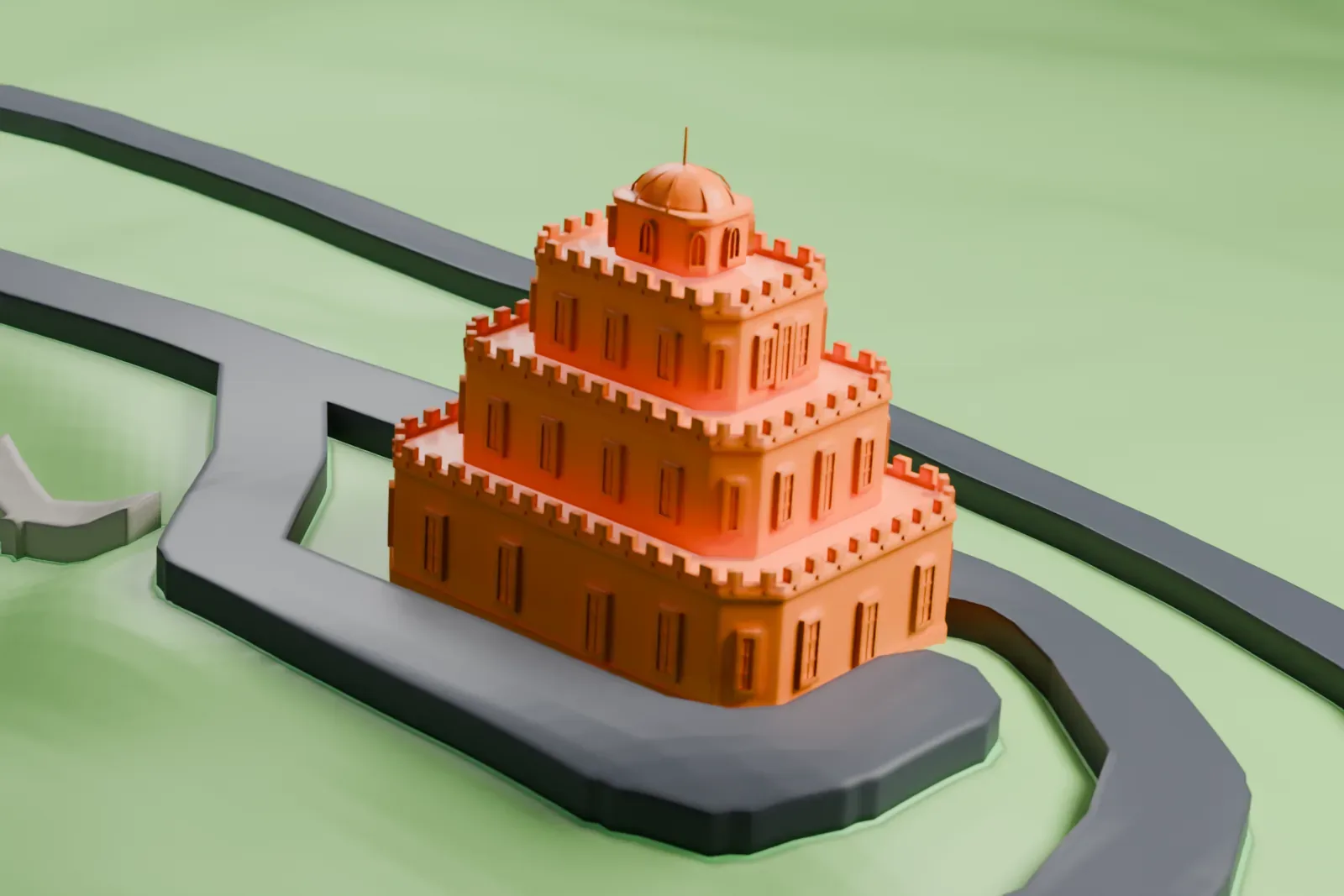 A white 3D print of Tovrea Castle, a stepped tower shaped like a wedding cake with a small dome on top, on green grounds with a looping road around it.