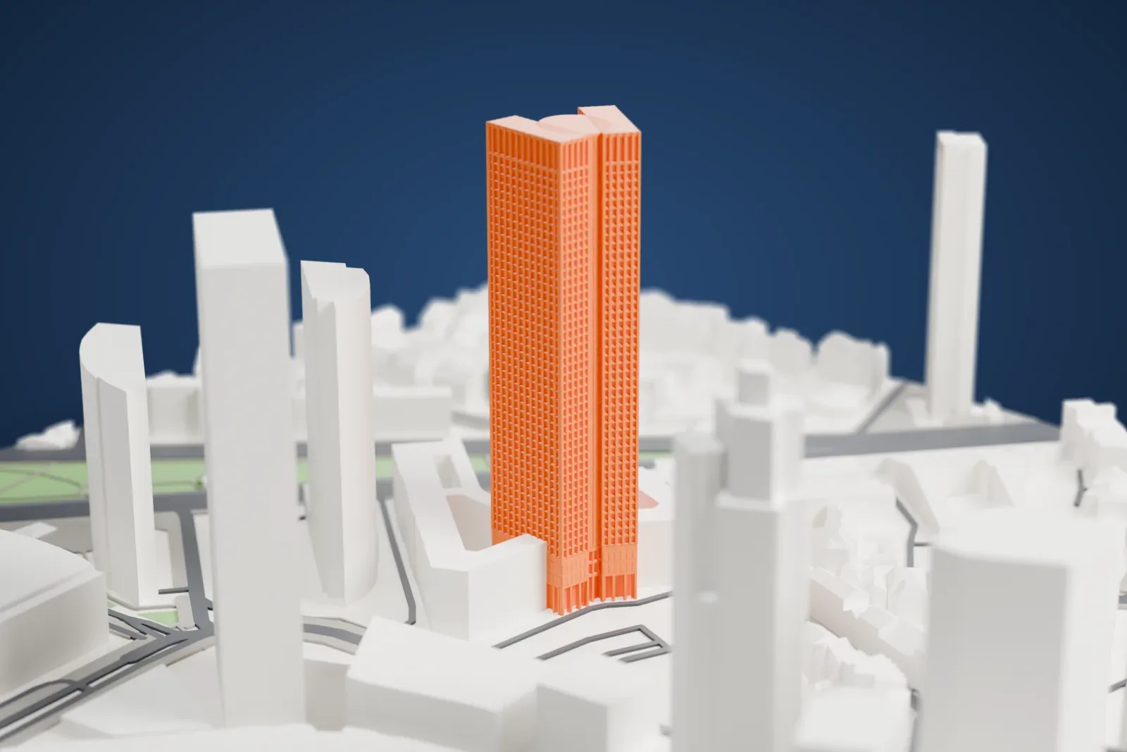 A white 3D print of Tower 185, a tall skyscraper, standing among the surrounding streets and buildings of Frankfurt's Gallus district.