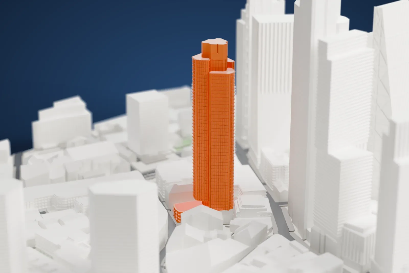 A white 3D print of Tower 42 in London, with the surrounding streets and buildings.