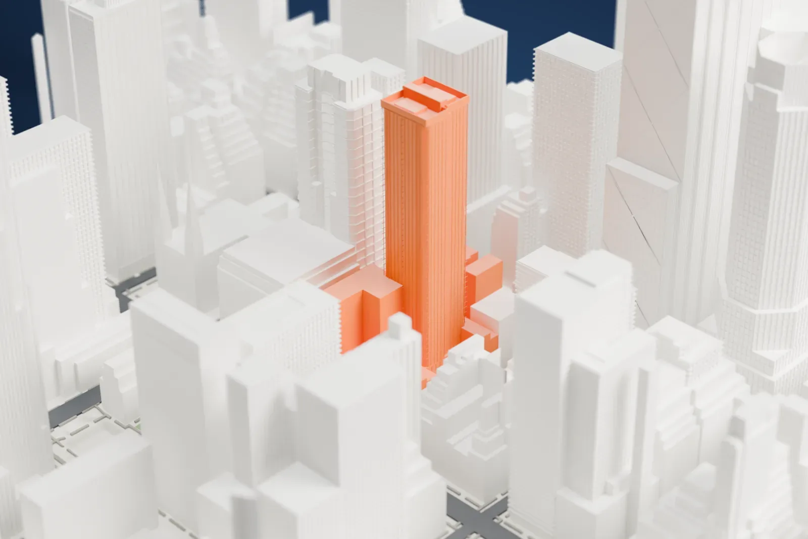 A white 3D print of Tower 49, a tall tower with chamfered corners and a stepped top, surrounded by dense high-rise buildings.