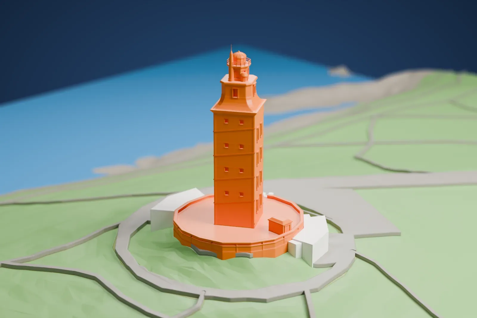 A white 3D print of the Tower of Hercules, a tall square stone lighthouse with a glazed lantern, above the coast.