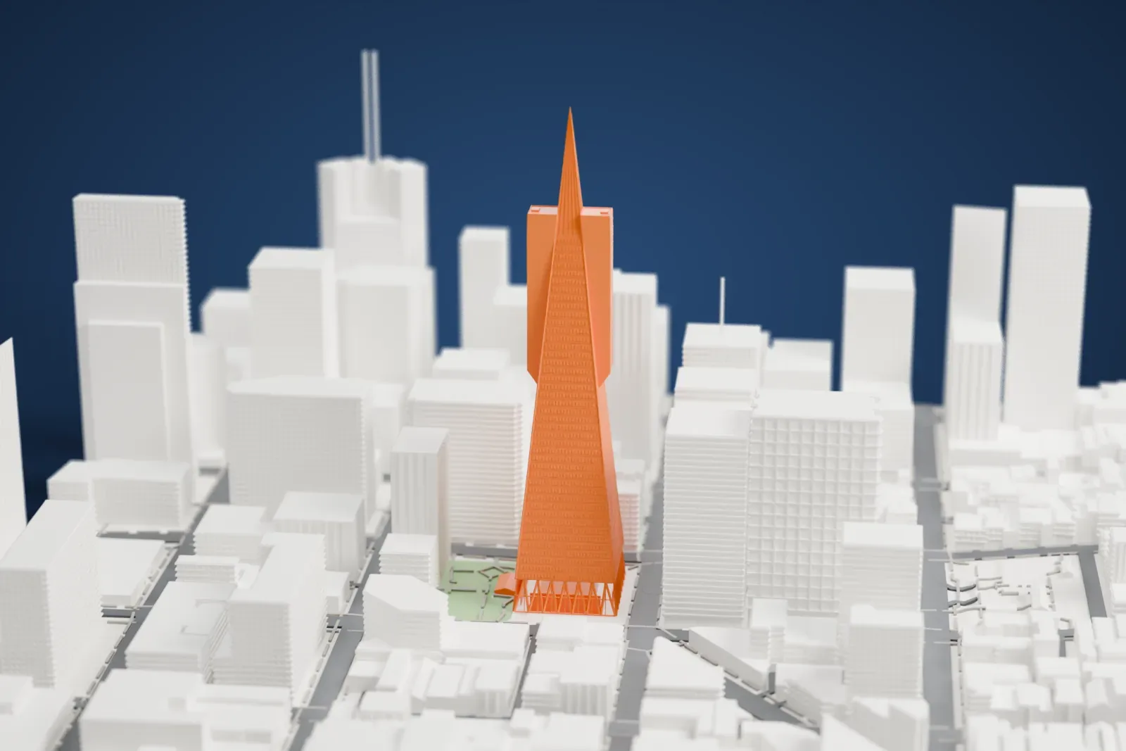 A white 3D print of the Transamerica Pyramid, a slim four-sided pyramid tower with a tall spire, standing among other tall buildings and city streets.