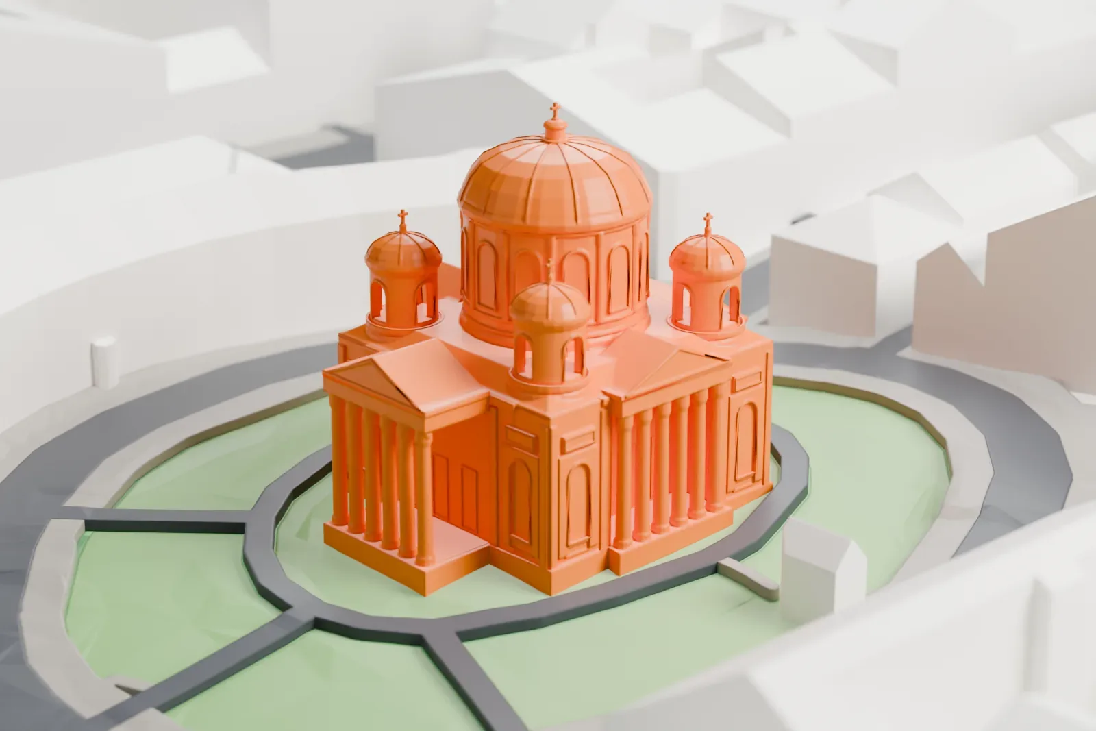 A white 3D print of Transfiguration Cathedral among the surrounding streets and buildings.
