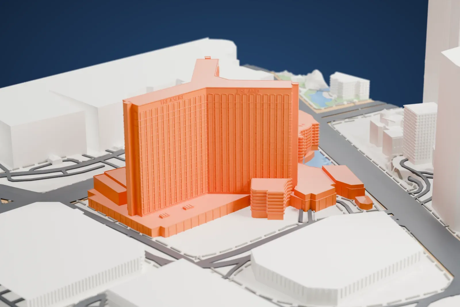 A white 3D print of Treasure Island Hotel and Casino, a tall hotel tower of two angled wings with fine vertical ribs, rising above a lower terraced podium beside wide roads and neighboring buildings.