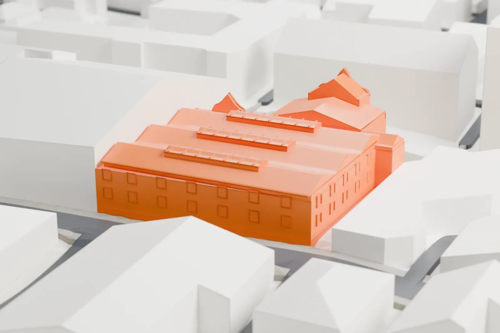 A white 3D print of the Tretyakov Gallery, a long low gallery block among surrounding streets and buildings.