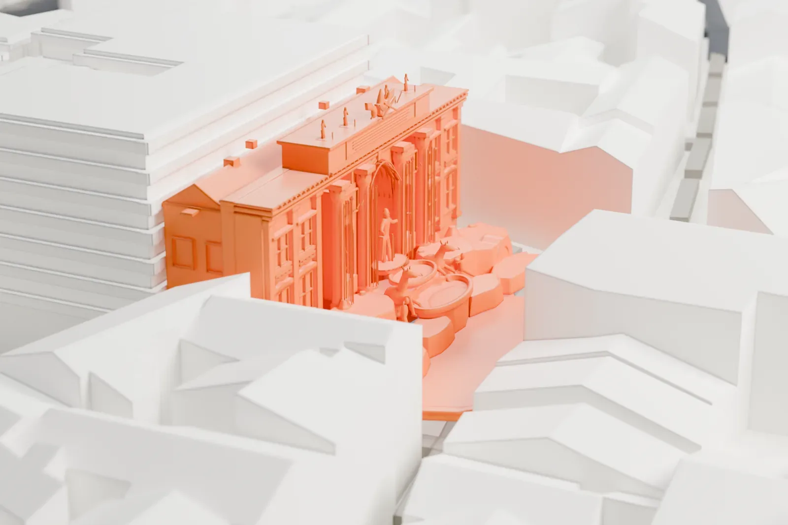 A white 3D print of the Trevi Fountain, a columned facade with statues and rockwork at its base, hemmed in by closely packed buildings.