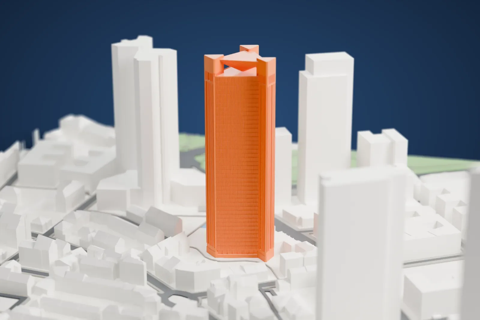 A white 3D print of the Trianon, a tall tower standing among surrounding streets and other buildings.