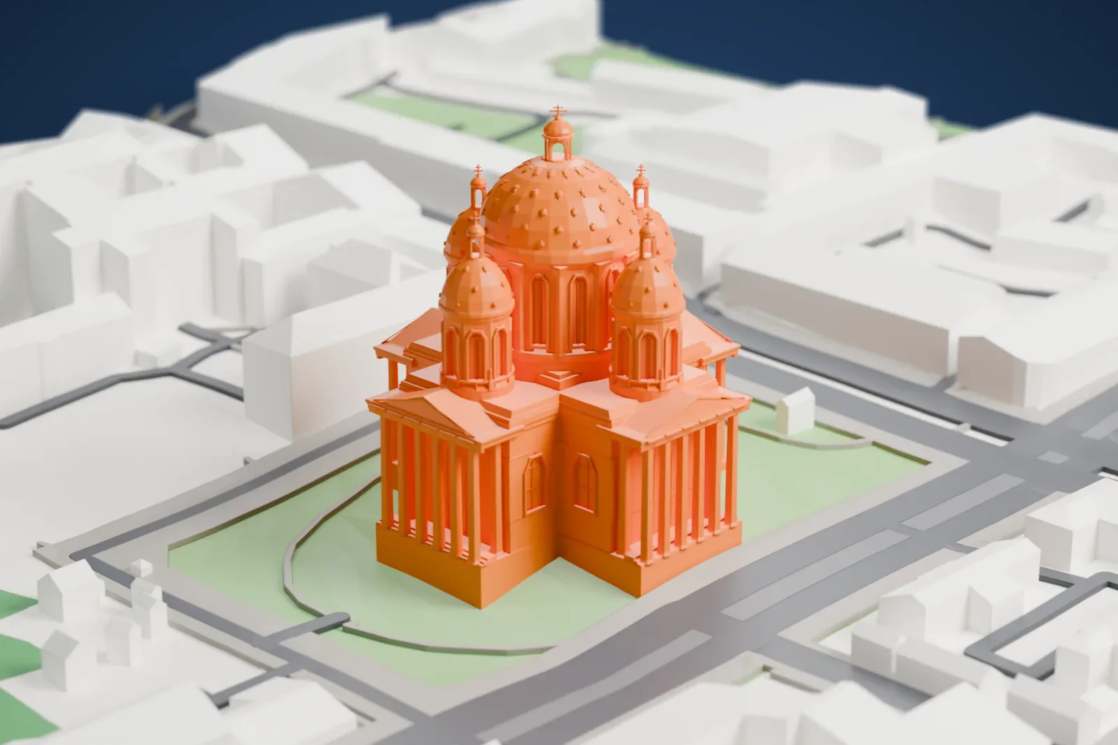 A white 3D print of the Trinity Cathedral in Saint Petersburg among surrounding streets and buildings.