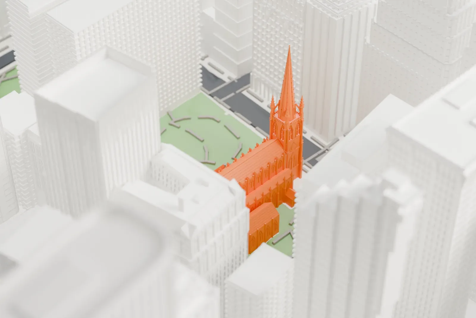 A white 3D print of Trinity Church among the surrounding buildings.