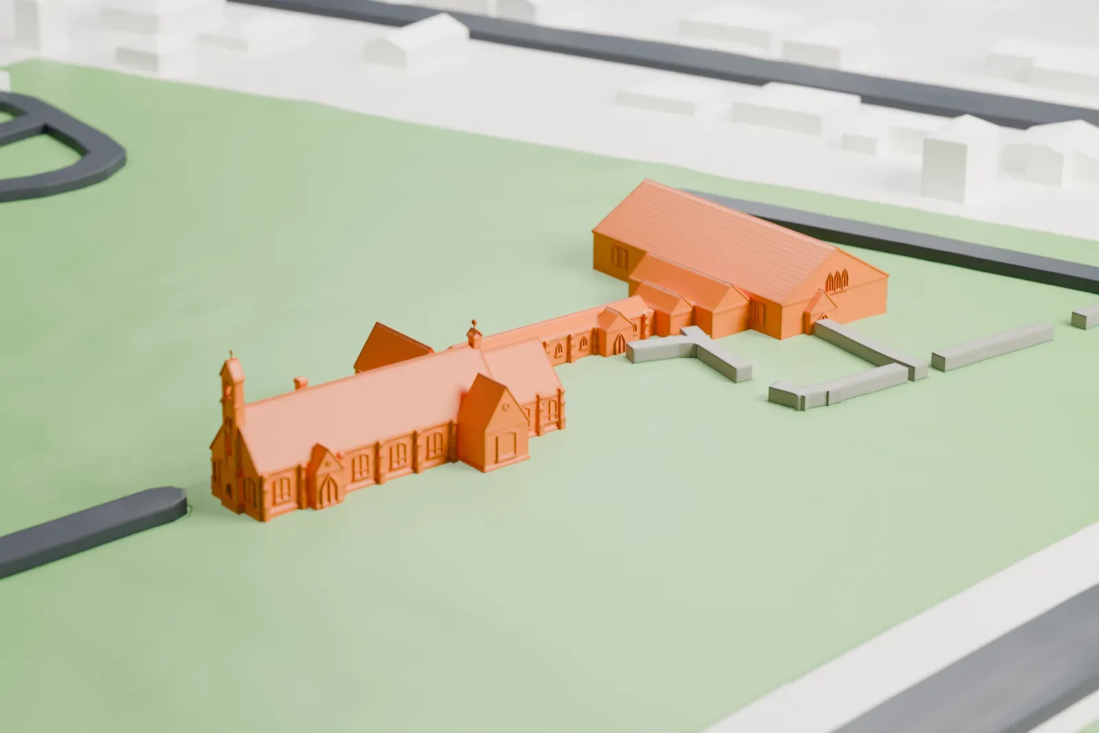 A white 3D print of Trinity Episcopal Church, a small church set in a green open area with streets and small buildings around it.