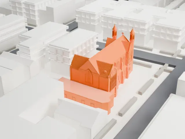 Trinity Lutheran Church, Queens model, South view