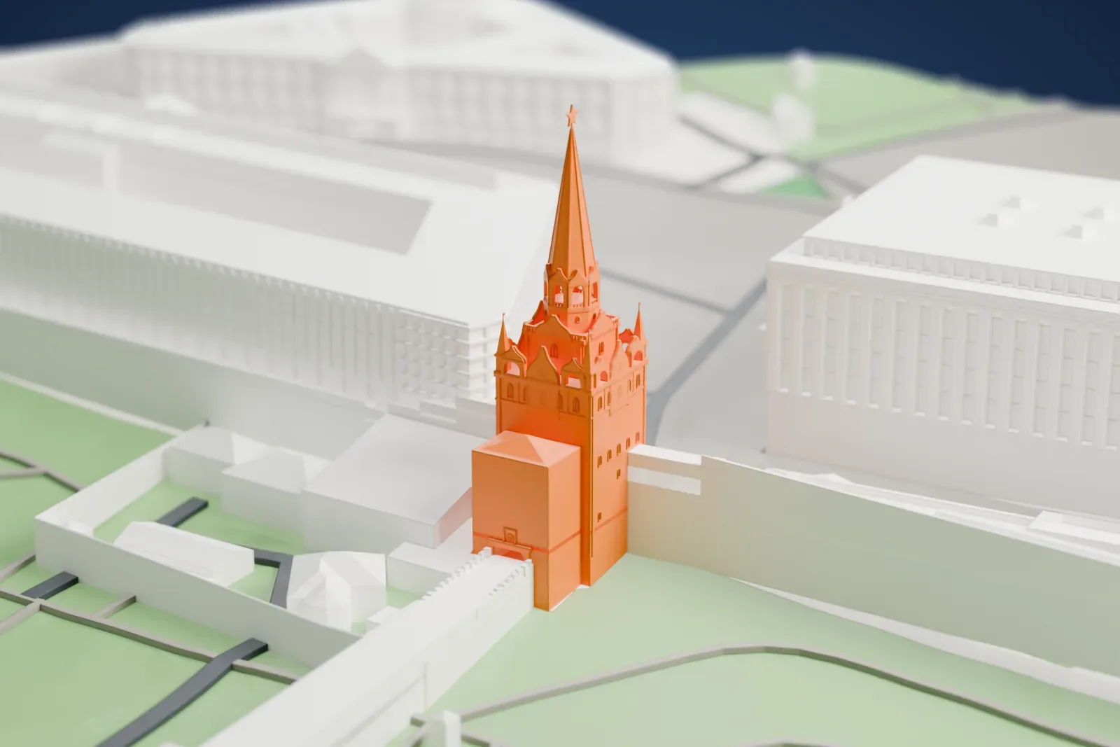 A white 3D print of the Troitskaya Tower with the surrounding streets and buildings of Moscow.