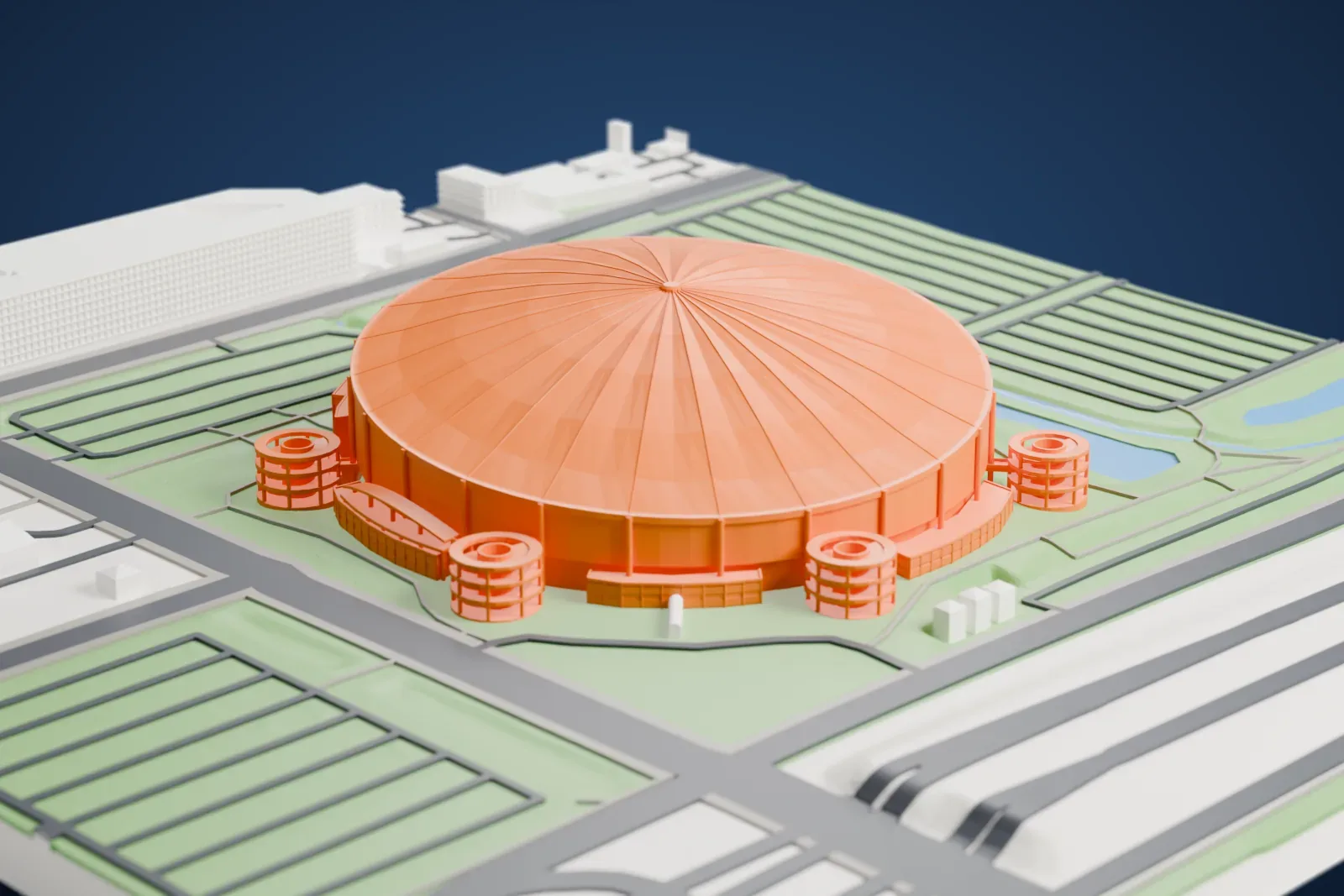 A white 3D print of Tropicana Field, a broad domed stadium with a tilted roof, among surrounding streets and buildings.