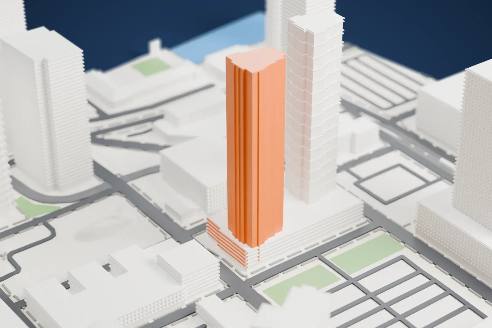 A white 3D print of Trump Bay Street and its matching neighbor, two tall stepped towers rising from a shared low base, among other high-rise buildings with small green lots.