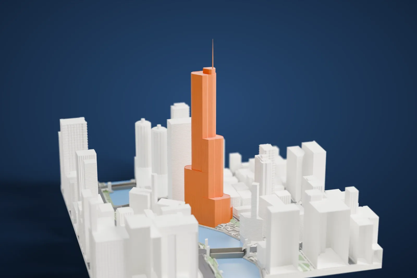 A white 3D print of the Trump International Hotel and Tower, a tall stepped skyscraper with a thin spire, standing beside water among other tall buildings.