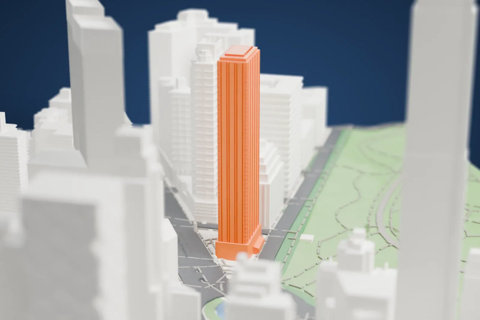 A white 3D print of the Trump International Hotel and Tower, a tall ribbed high-rise beside a park and a traffic circle, with taller buildings around it.