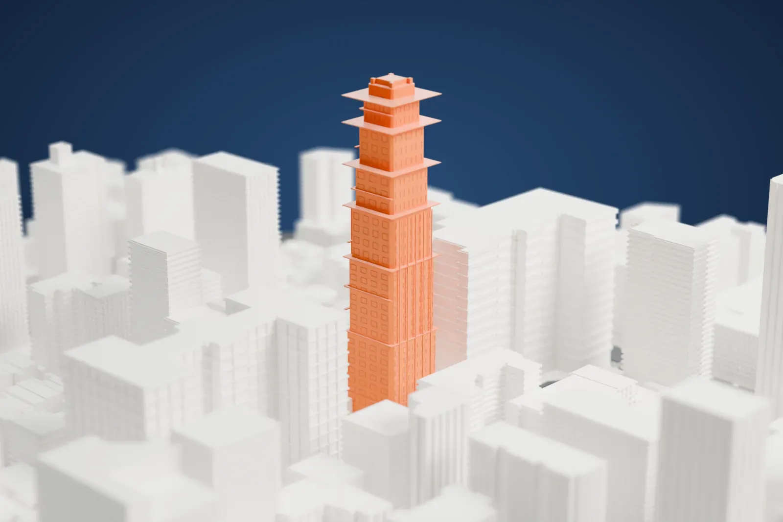 A white 3D print of Trump Palace Condominiums, a slender tower with a stepped, layered crown, among surrounding buildings.