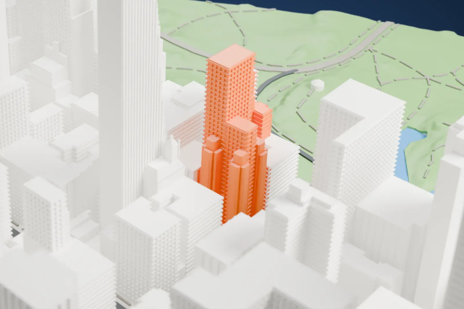 A white 3D print of Trump Parc, a stepped tower with a ribbed crown beside a green park, among dense Midtown buildings.