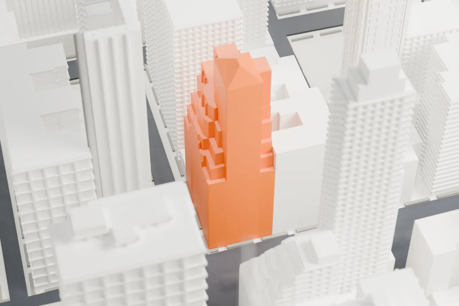 A white 3D print of Trump Park Avenue, a narrow tower partly hidden between much taller neighboring buildings in a dense city block.