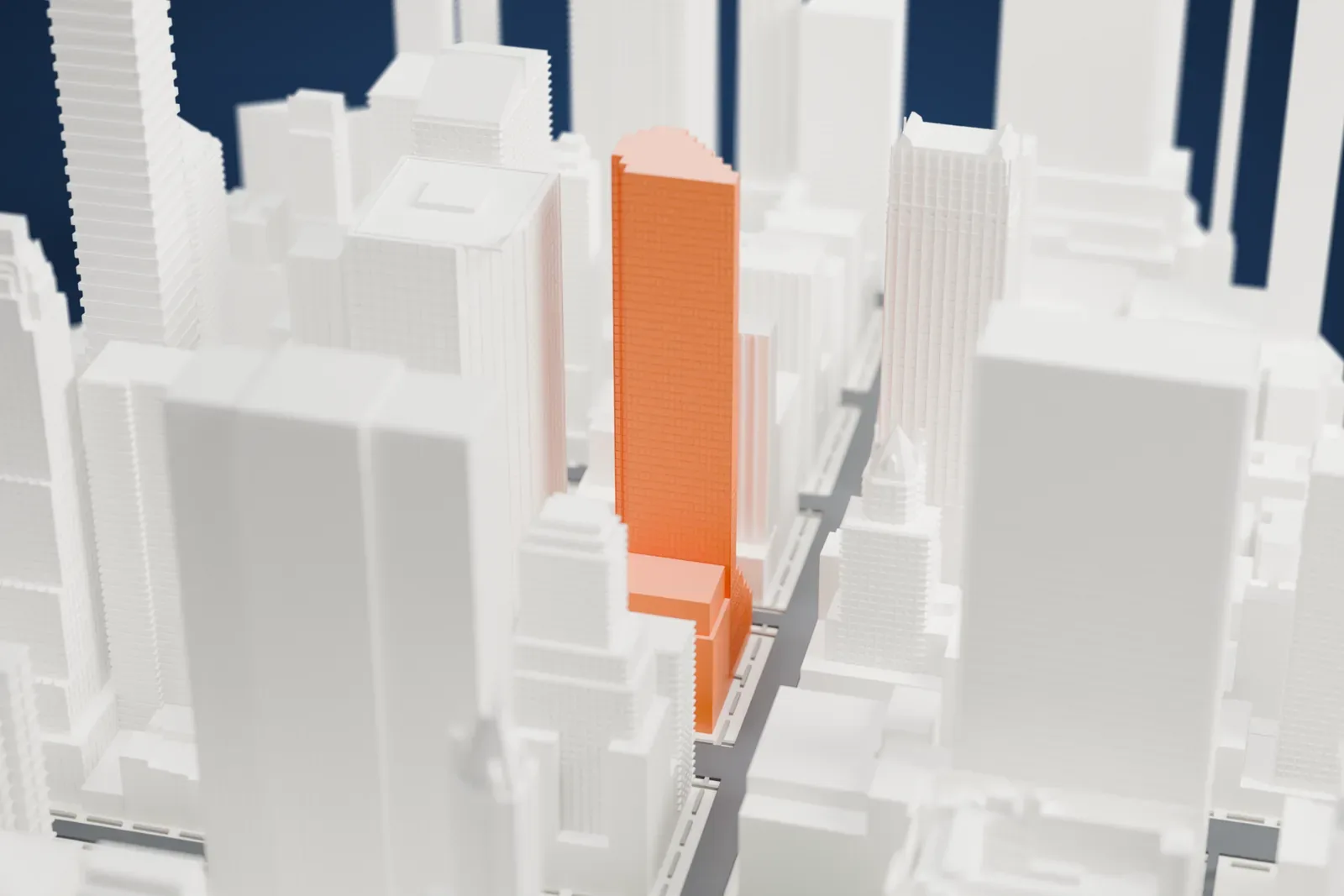 A white 3D print of Trump Tower, a tall faceted tower with stepped sides and a ribbed facade, standing among other Midtown Manhattan skyscrapers.