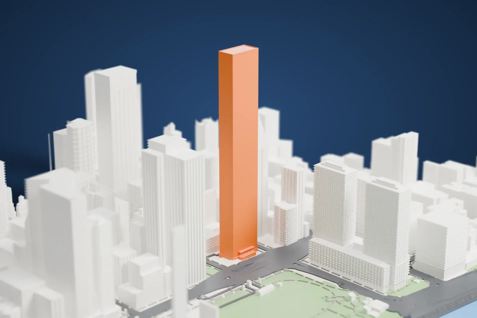 A white 3D print of Trump World Tower, a tall, narrow rectangular skyscraper with vertical bands along its sides, standing among other high-rise buildings near a green park.