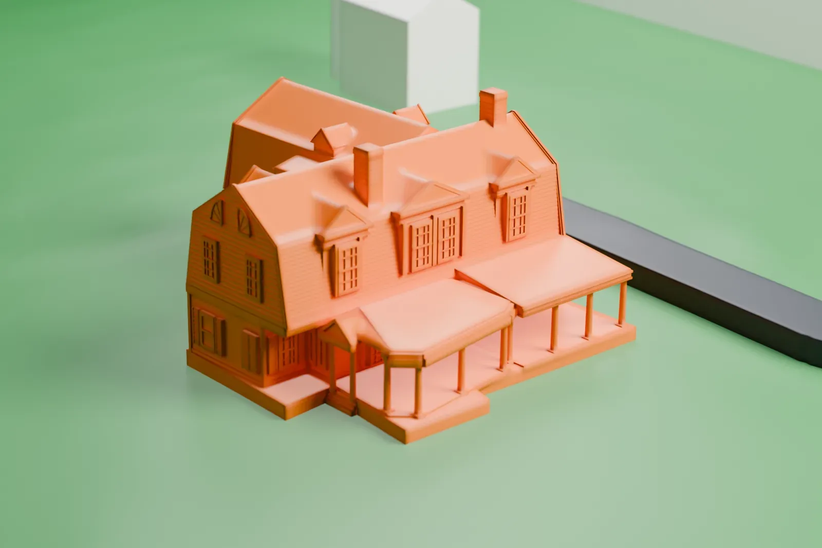 A white 3D print of Tulipwood, a large house with several dormers, chimneys and a gabled wing, on an open lawn beside a curving road.