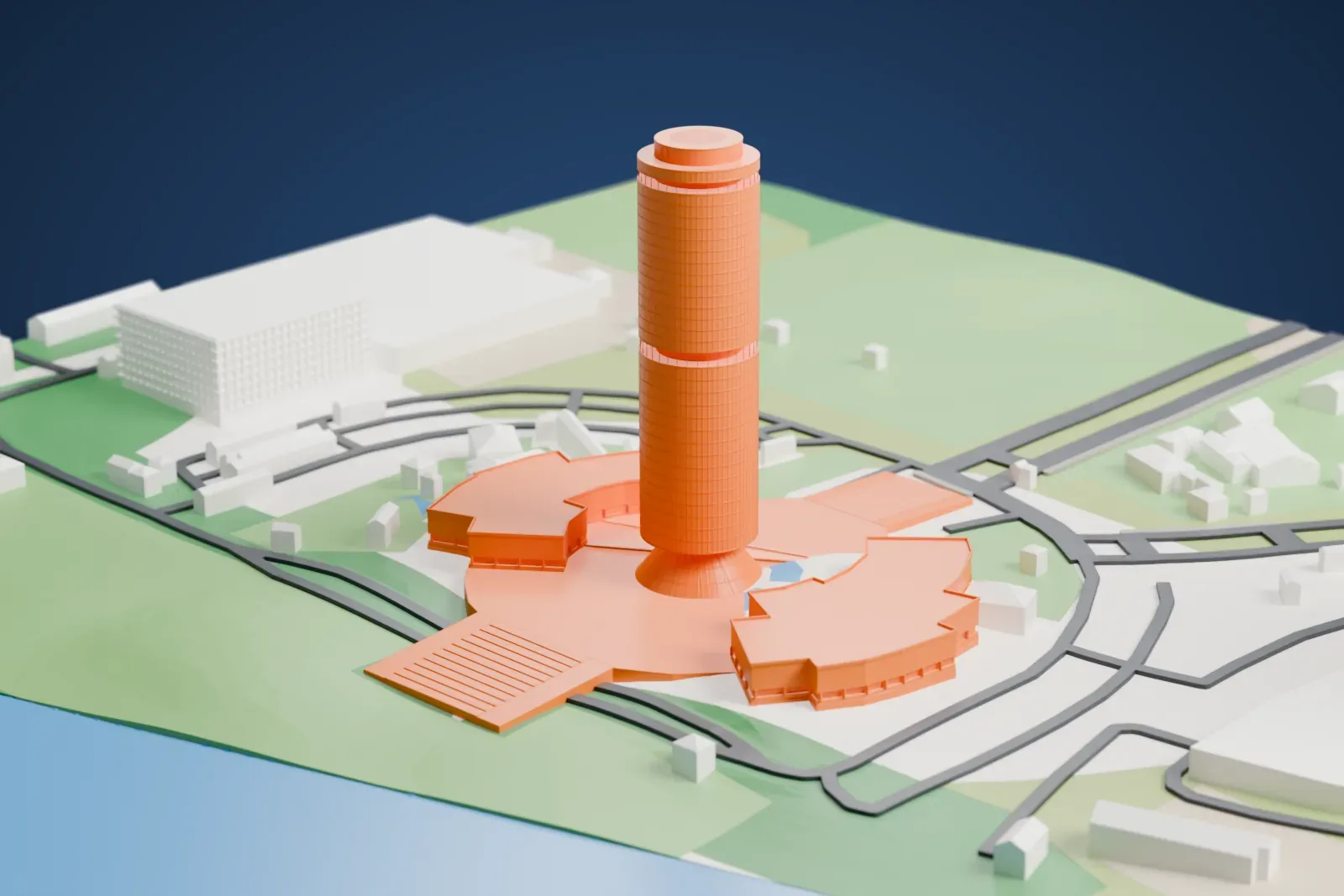 A white 3D print of Tun Mustapha Tower, a round tower rising from a wide low base, with water beside it and surrounding streets and buildings.