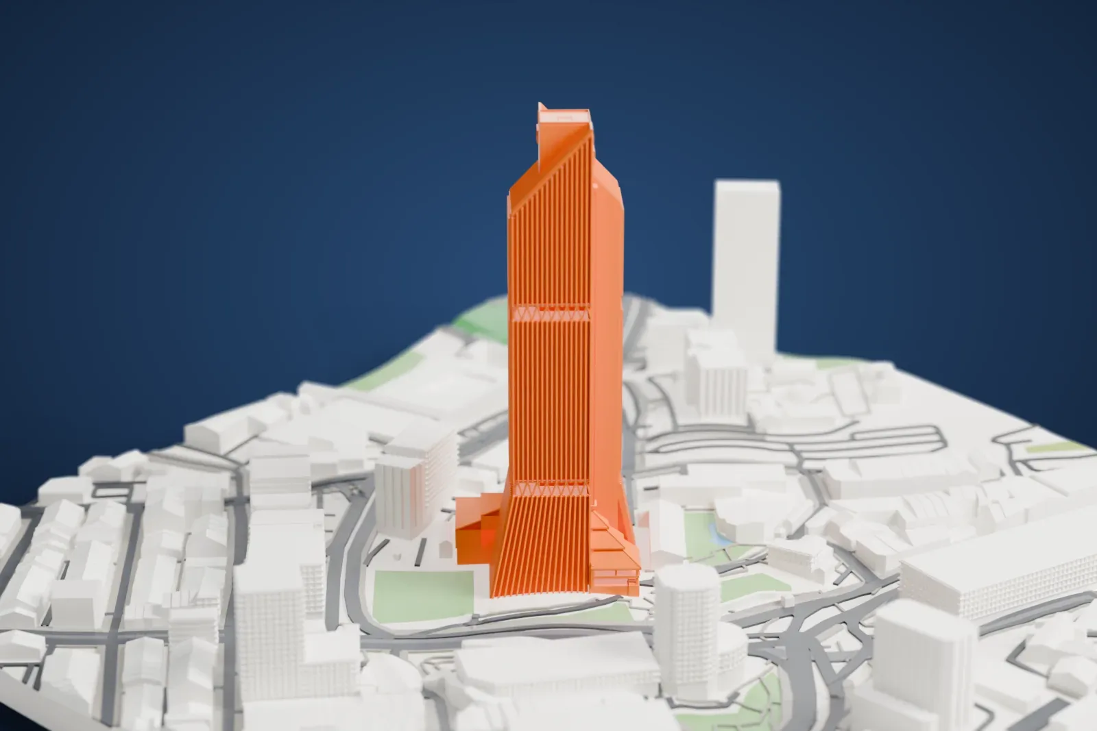A white 3D print of the Tun Perak Tower, a tall ribbed tower with a slanted base and top, standing among dense city blocks and roads.