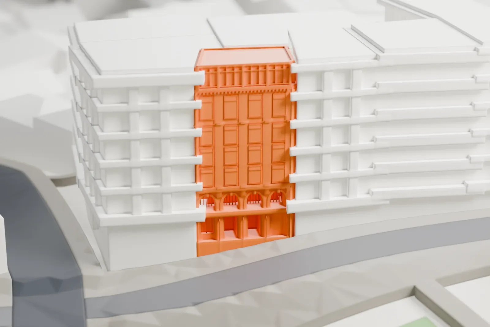 A white 3D print of the Tünel in Istanbul, with the surrounding streets and buildings around it.