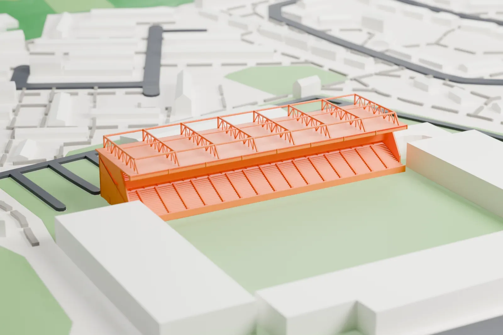 A white 3D print of the North Stand at Turf Moor, a long two-tier stand under a flat cantilevered roof with exposed steel lattice trusses above it, among the surrounding streets and buildings.