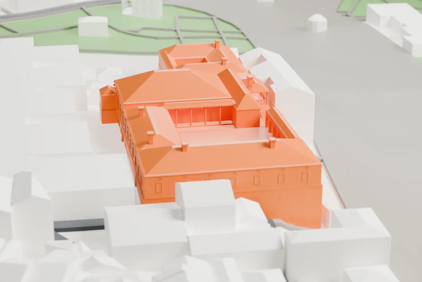 A white 3D print of the Turkish and Islamic Arts Museum, an Ottoman palace building standing among the surrounding city buildings.