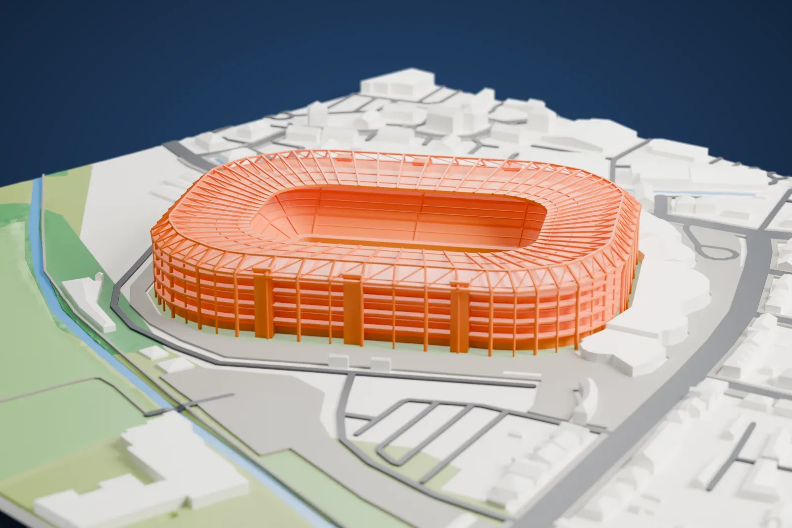 A white 3D print of Twickenham Stadium, an oval bowl with a ring roof over an open pitch, among the surrounding streets and buildings.