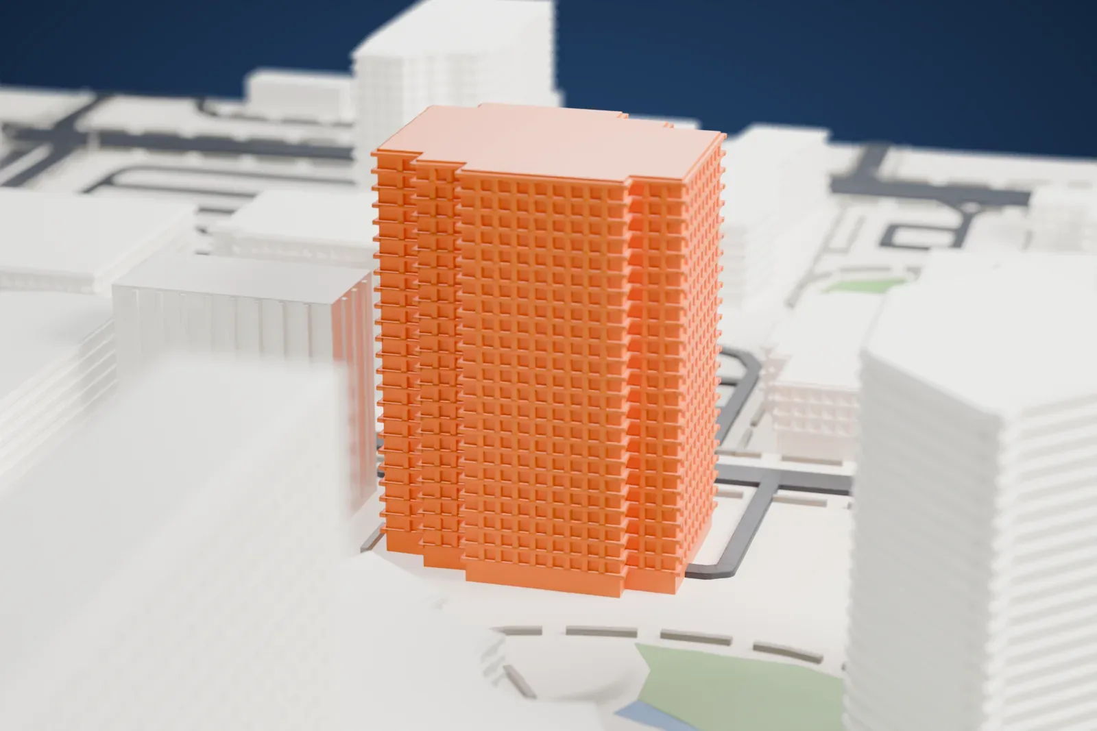 A white 3D print of Two Arizona Center, a tall tower with banded sides and a stepped crown, among neighboring blocks with a small green garden and pond beside it.