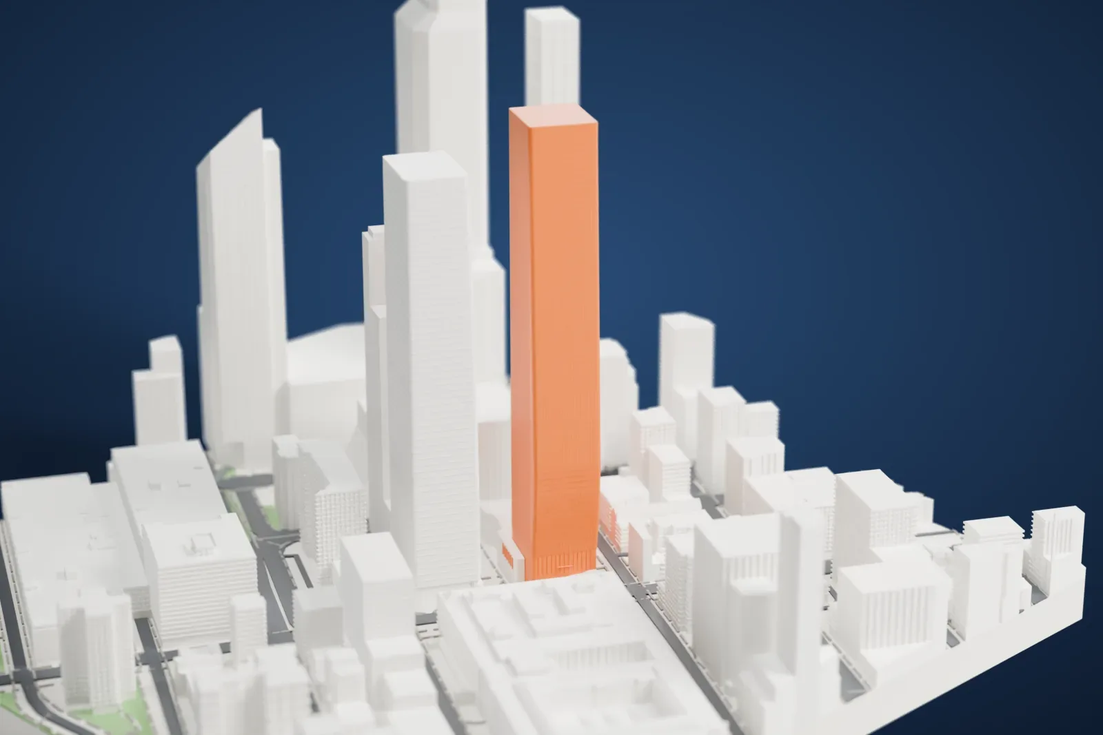 A white 3D print of Two Manhattan West, a tall rectangular tower with rounded corners and horizontal bands, standing beside a taller neighboring tower and low city buildings.