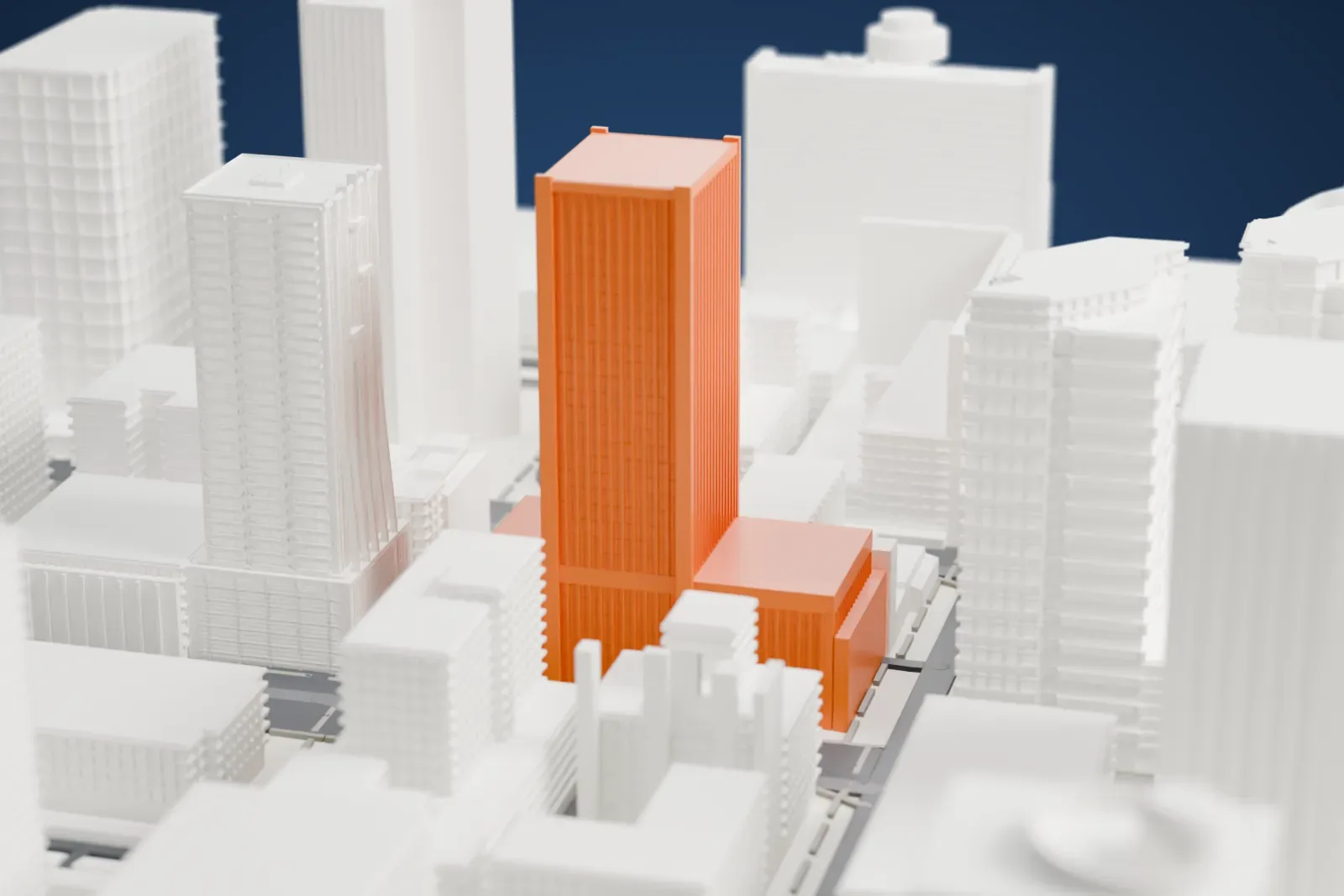 A white 3D print of the U.S. Bank Center, a tall rectangular tower with a wider base, among surrounding high-rises.
