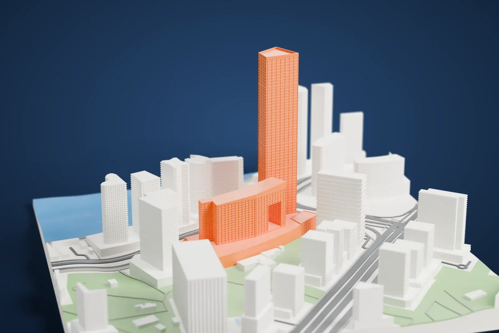 A white 3D print of the Ubora Towers, a pair of towers, among the surrounding streets and buildings of Business Bay.