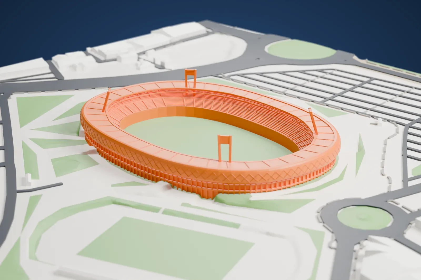 A white 3D print of UD Almería Stadium, an oval bowl under a continuous ring roof with four corner floodlight pylons and the track left open inside, set among surrounding streets and buildings.