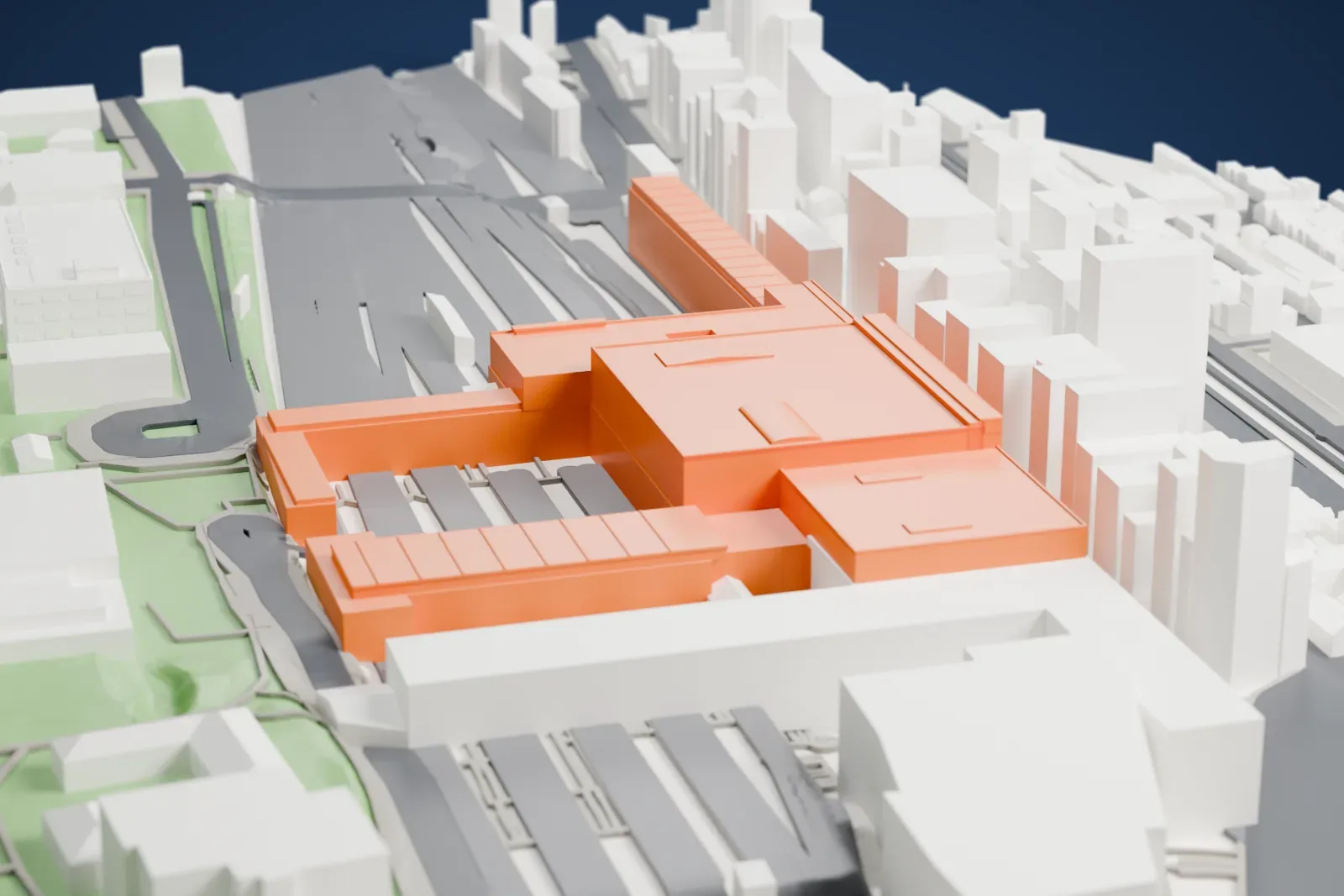 A white 3D print of Ueno Station among the streets and buildings of Tokyo's Taitō ward.