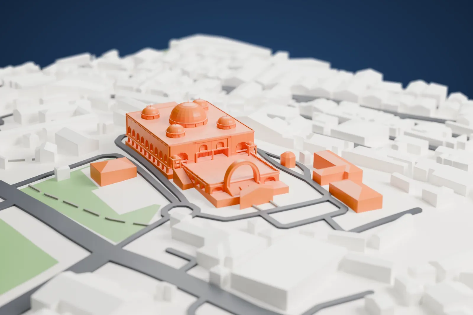 A white 3D print of the Uganda National Mosque, a square building with a large central dome, four smaller domes and a tall arch, surrounded by low buildings and a ring road.