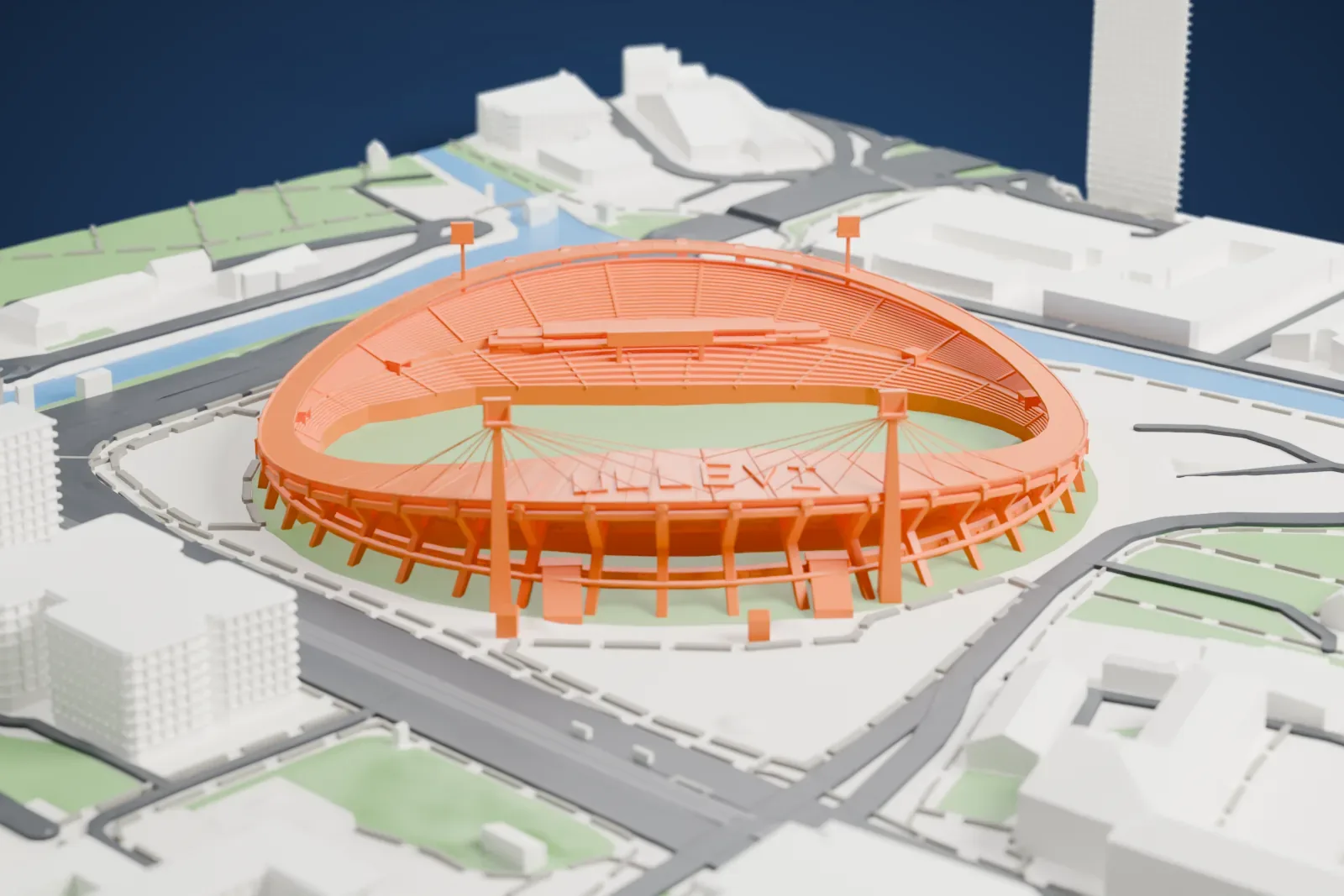 A white 3D print of Ullevi, an open oval stadium on angled columns with a roof held by two masts and thin cables, surrounded by roads, waterways and buildings.