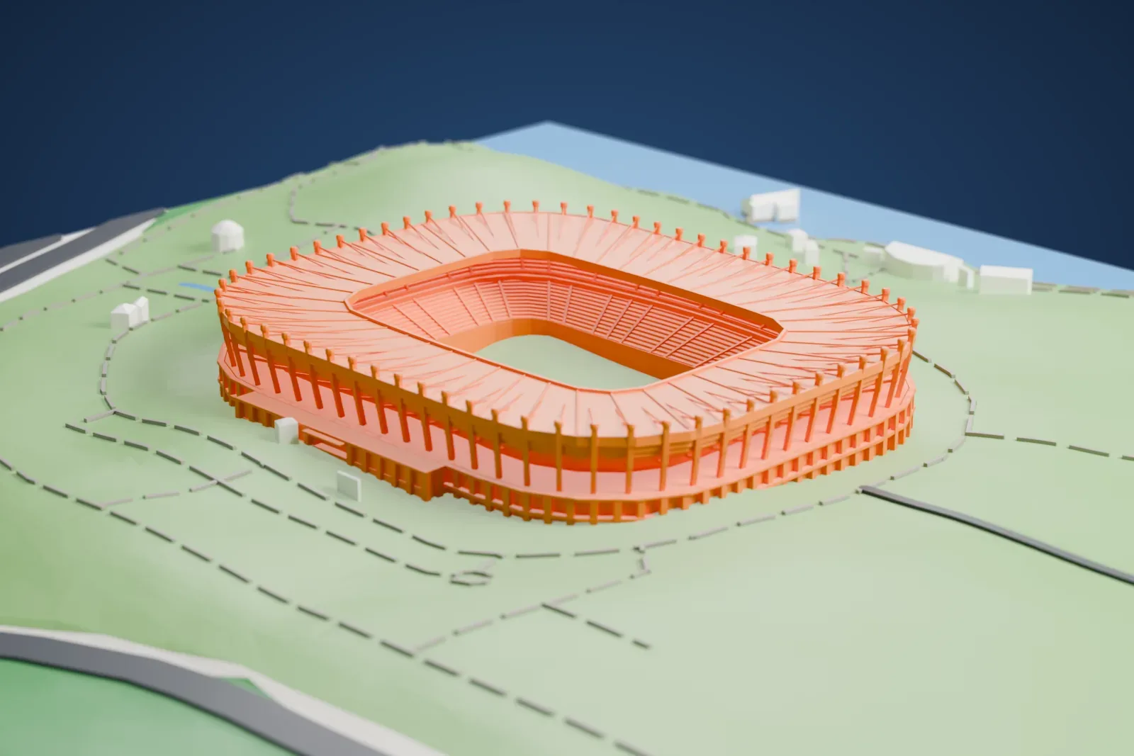 A white 3D print of Ulsan Munsu Football Stadium, a two-tier bowl with a continuous ring roof, a ring of leaning masts around the rim and the pitch left open inside, among surrounding streets and buildings.